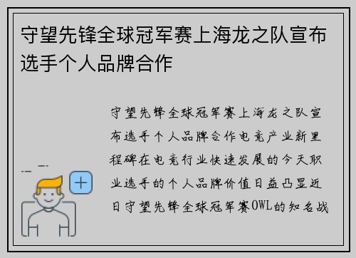 守望先锋全球冠军赛上海龙之队宣布选手个人品牌合作